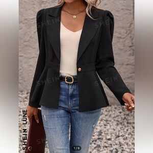 Lapel Collar Single Button Peplum Blazer
